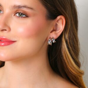 Brinco Duplo Zig Zag Liso e Argola Lisa com Detalhe Enrolado em Ródio Branco