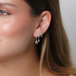 Brinco Trio Argola Cravejada e com Pontos de Luz Gota em Ródio Branco