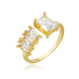Anel com Zircônias Retangulares Grandes nas Pontas em Ouro 18K REGULÁVEL